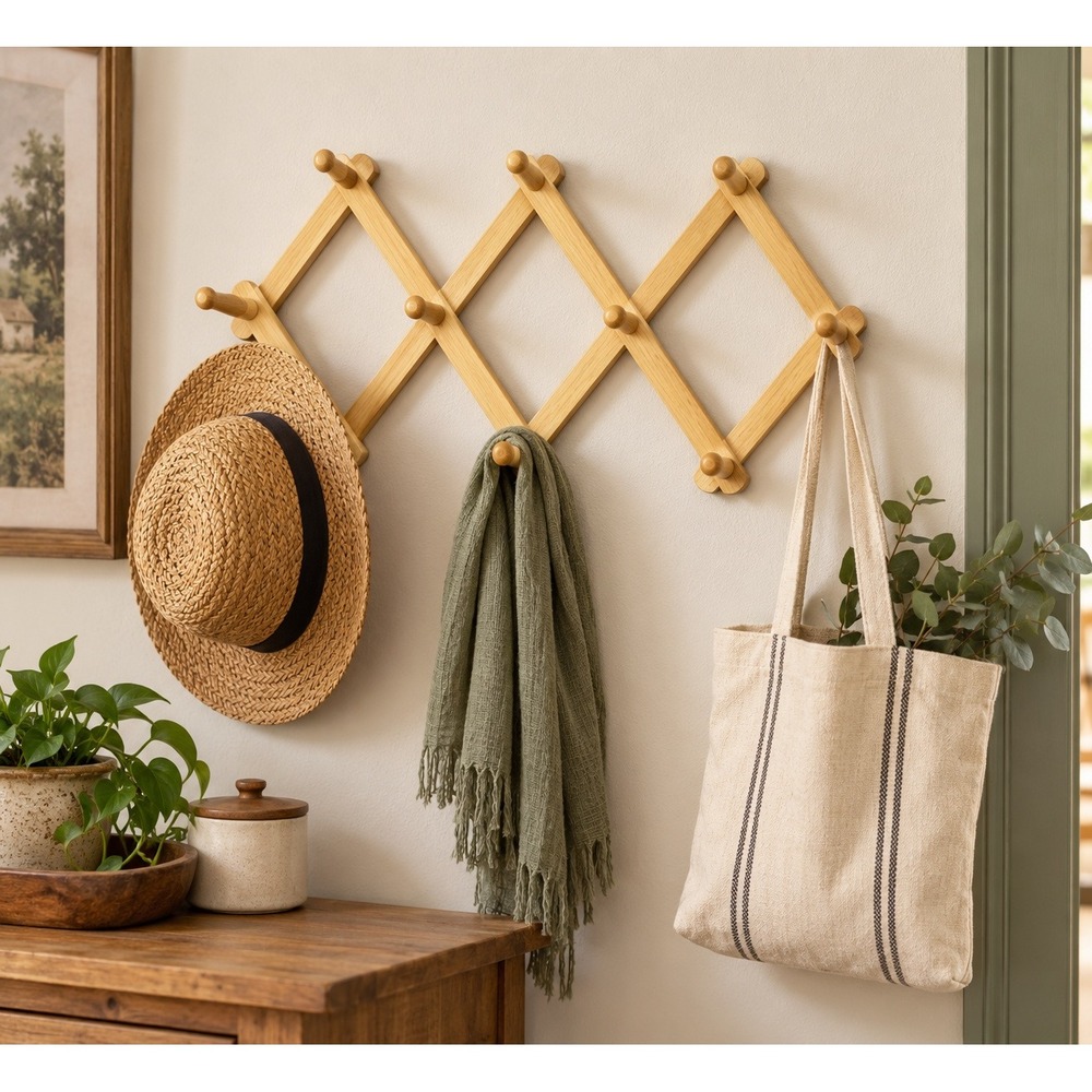 Wood Accordion Peg Rack Expandable Wall Hanger 10 Hook Coat Hat 18.5"